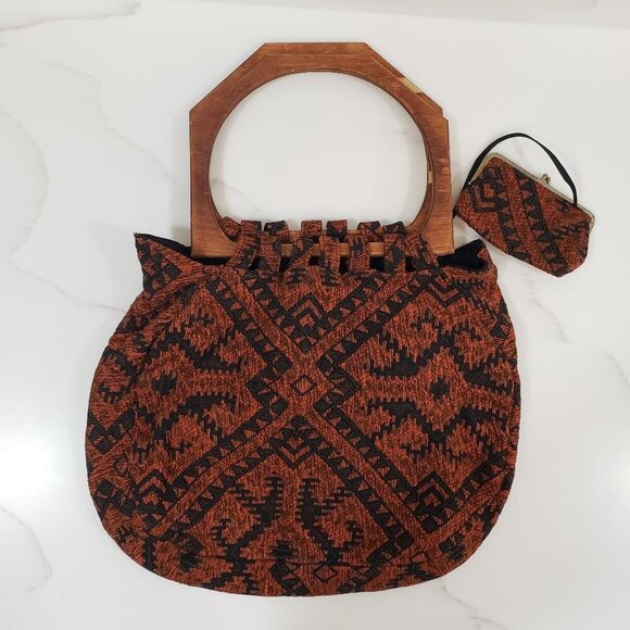 Vintage 1950s Handbags - VTG Tapestry Handbag & Coin Purse Set Wooden Handle Boho Hippie Retro 70s